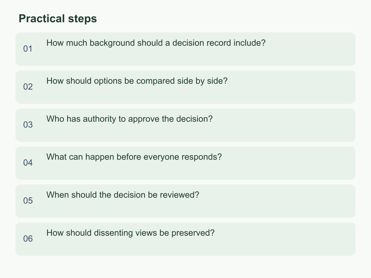 Practical steps: How much background should a decision record include?；How should options be compared side by side?；Who has authority to approve the decision?；What can happen before everyone responds?；When should the decision be reviewed?；How should dissenting views be preserved?