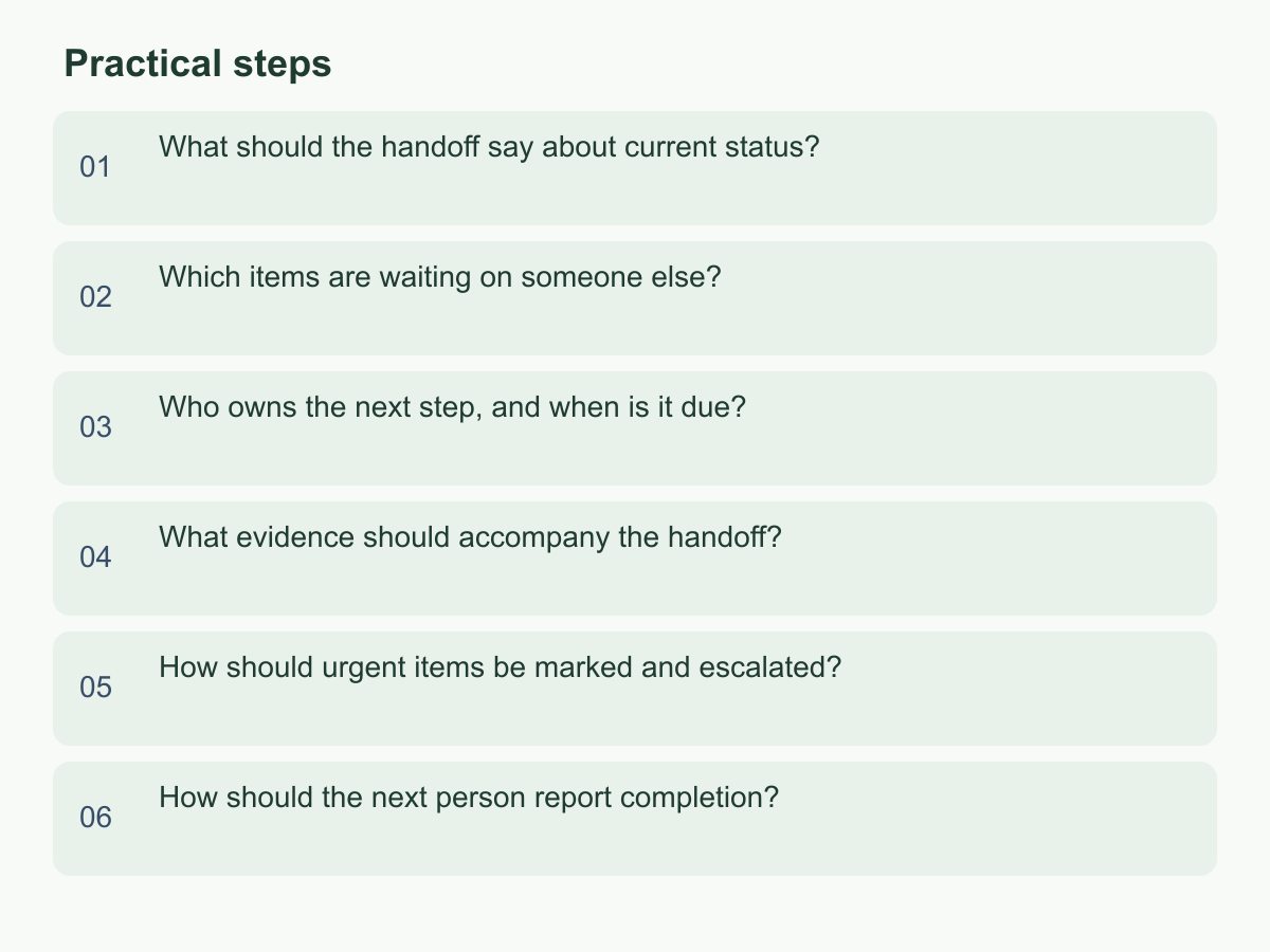 Practical steps: What should the handoff say about current status?；Which items are waiting on someone else?；Who owns the next step, and when is it due?；What evidence should accompany the handoff?；How should urgent items be marked and escalated?；How should the next person report completion?