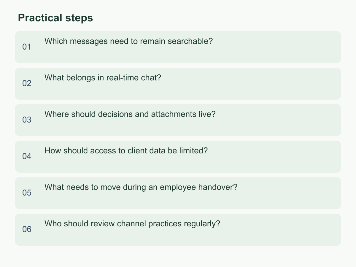 Practical steps: Which messages need to remain searchable?；What belongs in real-time chat?；Where should decisions and attachments live?；How should access to client data be limited?；What needs to move during an employee handover?；Who should review channel practices regularly?