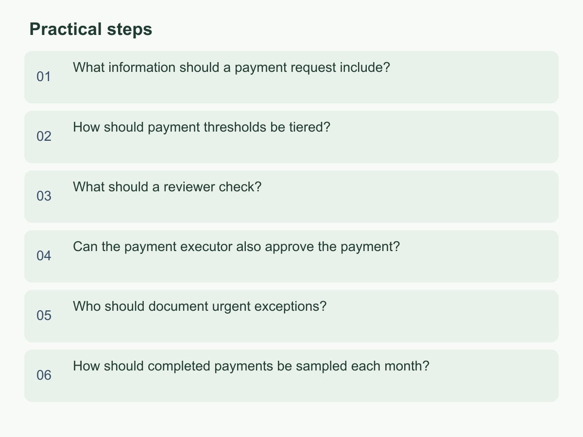 Practical steps: What information should a payment request include?；How should payment thresholds be tiered?；What should a reviewer check?；Can the payment executor also approve the payment?；Who should document urgent exceptions?；How should completed payments be sampled each month?