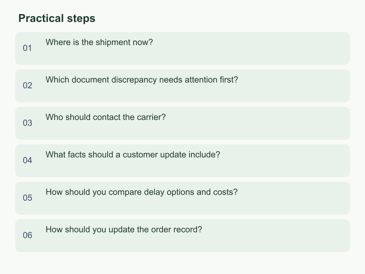 Practical steps: Where is the shipment now?；Which document discrepancy needs attention first?；Who should contact the carrier?；What facts should a customer update include?；How should you compare delay options and costs?；How should you update the order record?