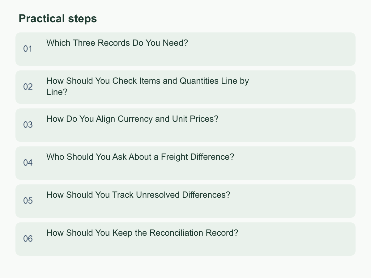 Practical steps: Which Three Records Do You Need?；How Should You Check Items and Quantities Line by Line?；How Do You Align Currency and Unit Prices?；Who Should You Ask About a Freight Difference?；How Should You Track Unresolved Differences?；How Should You Keep the Reconciliation Record?