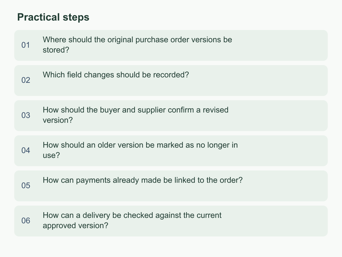 Practical steps: Where should the original purchase order versions be stored?；Which field changes should be recorded?；How should the buyer and supplier confirm a revised version?；How should an older version be marked as no longer in use?；How can payments already made be linked to the order?；How can a delivery be checked against the current approved version?
