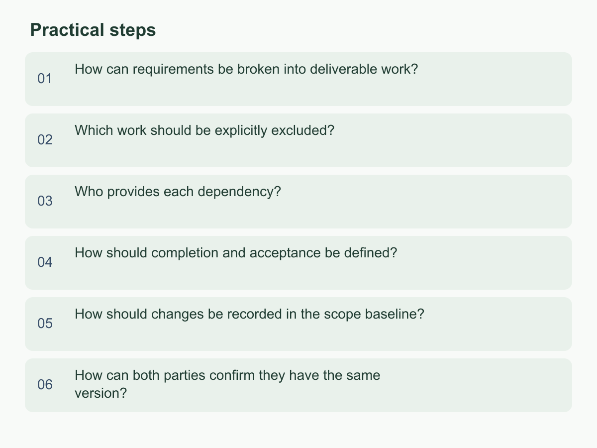 Practical steps: How can requirements be broken into deliverable work?；Which work should be explicitly excluded?；Who provides each dependency?；How should completion and acceptance be defined?；How should changes be recorded in the scope baseline?；How can both parties confirm they have the same version?