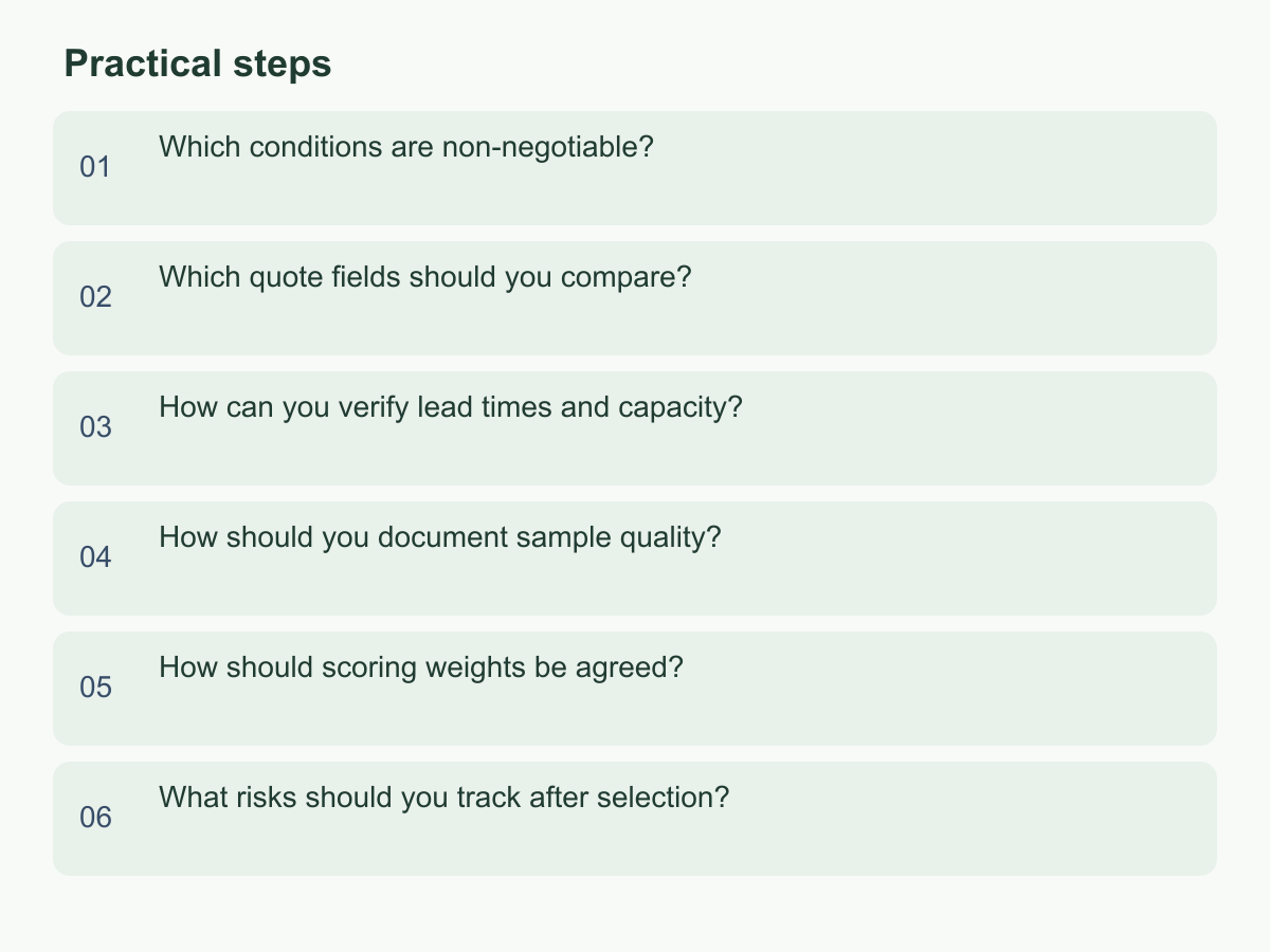 Practical steps: Which conditions are non-negotiable?；Which quote fields should you compare?；How can you verify lead times and capacity?；How should you document sample quality?；How should scoring weights be agreed?；What risks should you track after selection?