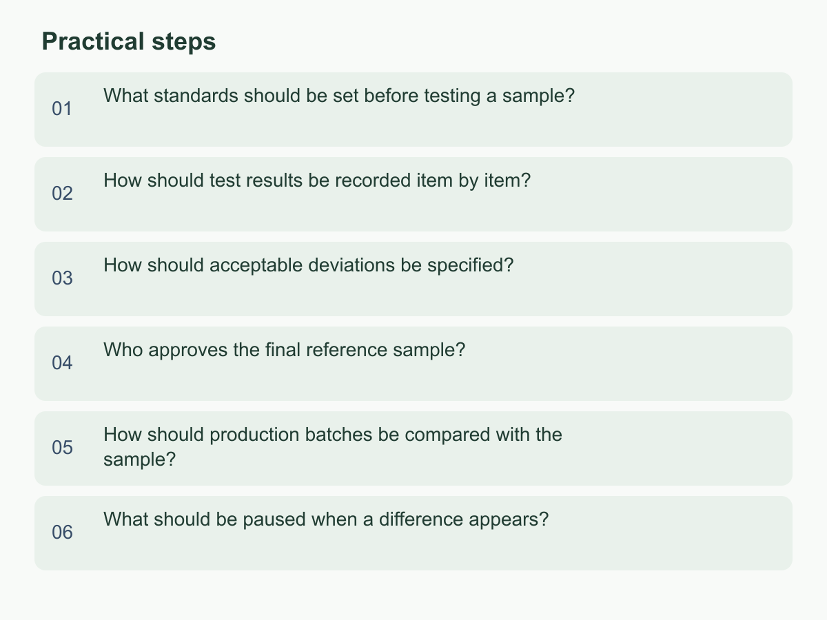 Practical steps: What standards should be set before testing a sample?；How should test results be recorded item by item?；How should acceptable deviations be specified?；Who approves the final reference sample?；How should production batches be compared with the sample?；What should be paused when a difference appears?