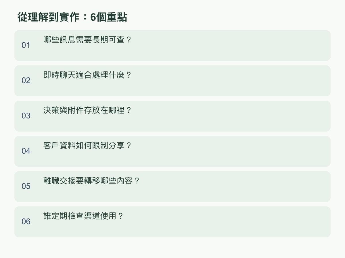 实作重点：哪些消息需要长期可查？；即时聊天适合处理什么？；决策与附件存放在哪里？；客户数据如何限制分享？；离职交接要转移哪些内容？；谁定期检查渠道使用？