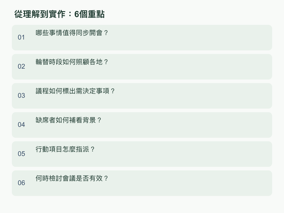 实作重点：哪些事情值得同步开会？；轮替时段如何照顾各地？；议程如何标出需决定事项？；缺席者如何补看背景？；行动项目怎么指派？；何时检讨会议是否有效？