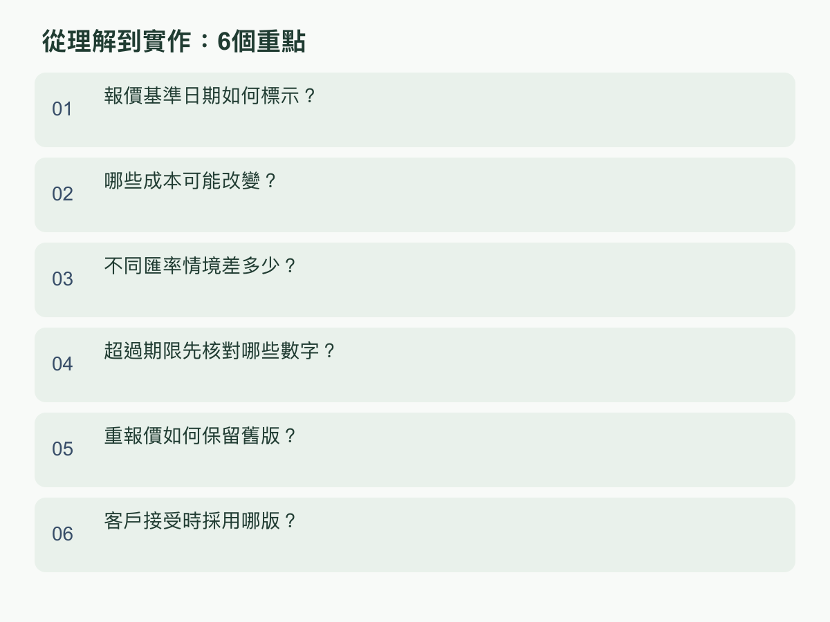 实作重点：报价基准日期如何标示？；哪些成本可能改变？；不同汇率情境差多少？；超过期限先核对哪些数字？；重报价如何保留旧版？；客户接受时采用哪版？
