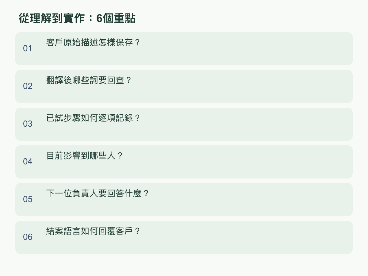 实作重点：客户原始描述怎样保存？；翻译后哪些词要回查？；已试步骤如何逐项记录？；目前影响到哪些人？；下一位负责人要回答什么？；结案语言如何回复客户？