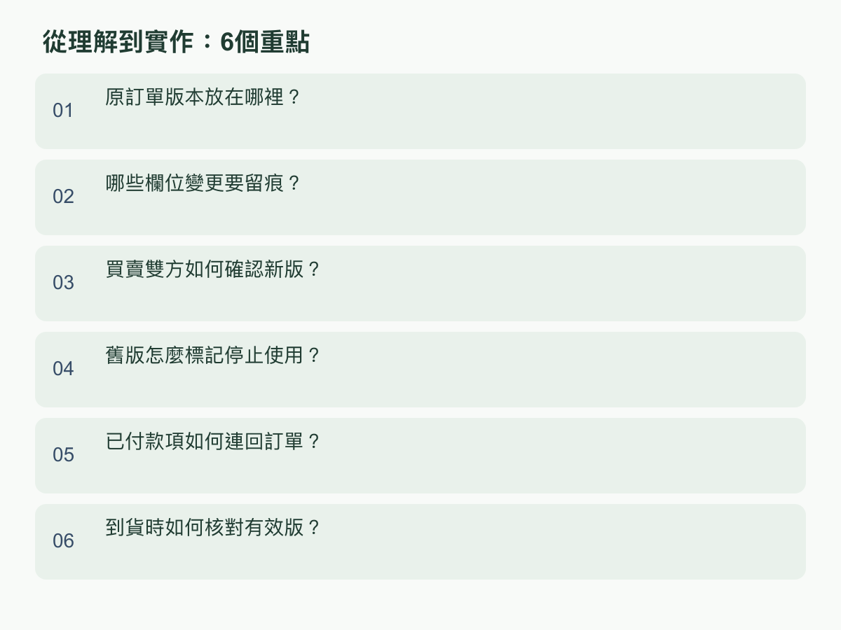 实作重点：原订单版本放在哪里？；哪些字段变更要留痕？；买卖双方如何确认新版？；旧版怎么标记停止使用？；已付款项如何连回订单？；到货时如何核对有效版？