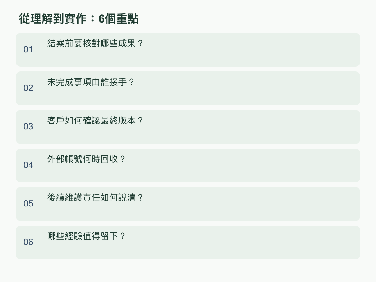 实作重点：结案前要核对哪些成果？；未完成事项由谁接手？；客户如何确认最终版本？；外部帐号何时回收？；后续维护责任如何说清？；哪些经验值得留下？