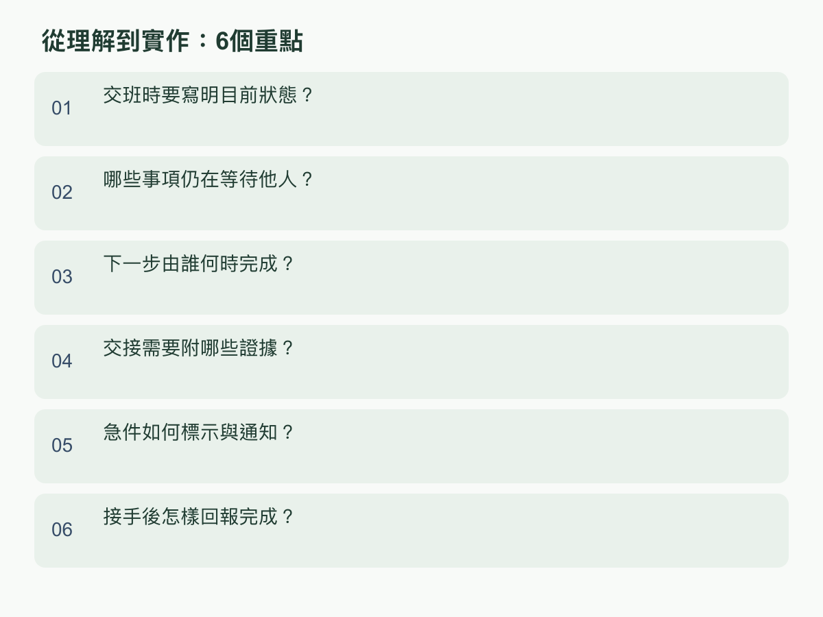 實作重點：交班時要寫明目前狀態？；哪些事項仍在等待他人？；下一步由誰何時完成？；交接需要附哪些證據？；急件如何標示與通知？；接手後怎樣回報完成？