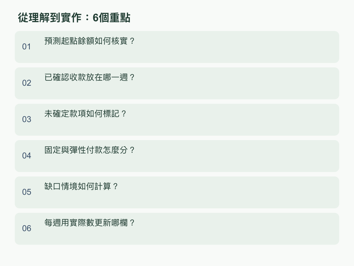 實作重點：預測起點餘額如何核實？；已確認收款放在哪一週？；未確定款項如何標記？；固定與彈性付款怎麼分？；缺口情境如何計算？；每週用實際數更新哪欄？