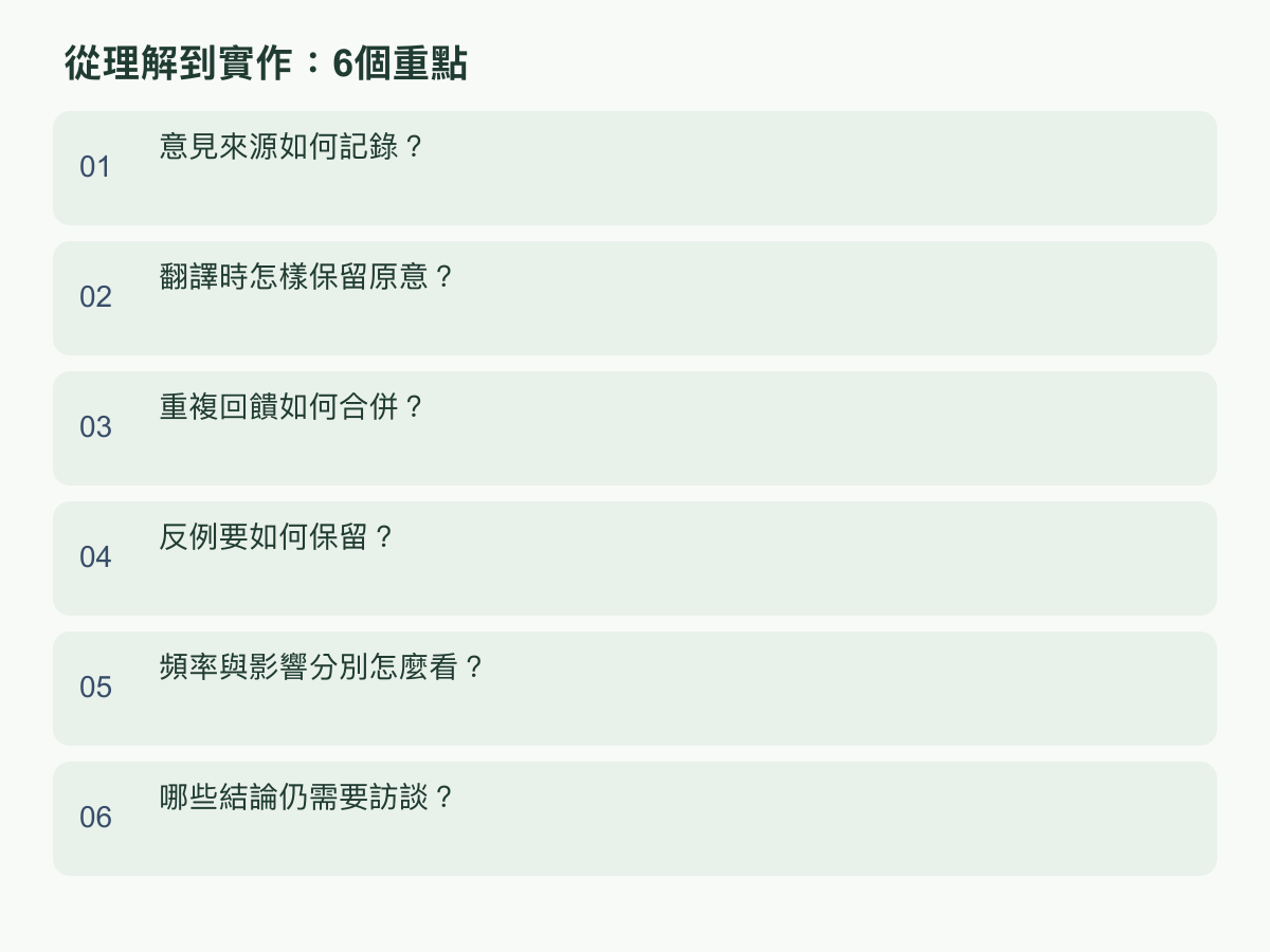 實作重點：意見來源如何記錄？；翻譯時怎樣保留原意？；重複回饋如何合併？；反例要如何保留？；頻率與影響分別怎麼看？；哪些結論仍需要訪談？
