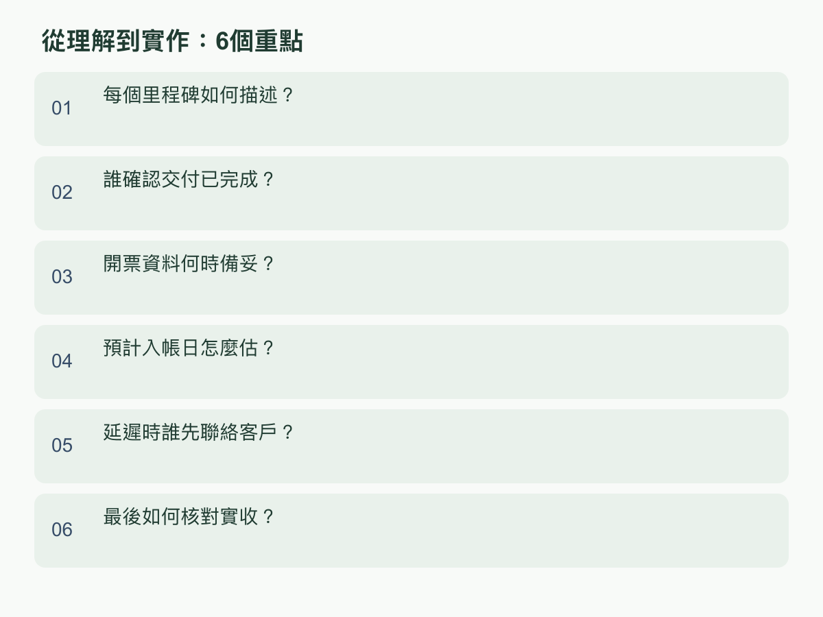 實作重點：每個里程碑如何描述？；誰確認交付已完成？；開票資料何時備妥？；預計入帳日怎麼估？；延遲時誰先聯絡客戶？；最後如何核對實收？