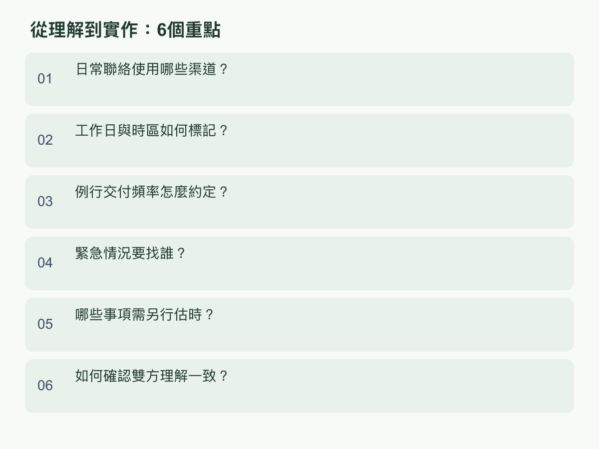 實作重點：日常聯絡使用哪些渠道？；工作日與時區如何標記？；例行交付頻率怎麼約定？；緊急情況要找誰？；哪些事項需另行估時？；如何確認雙方理解一致？