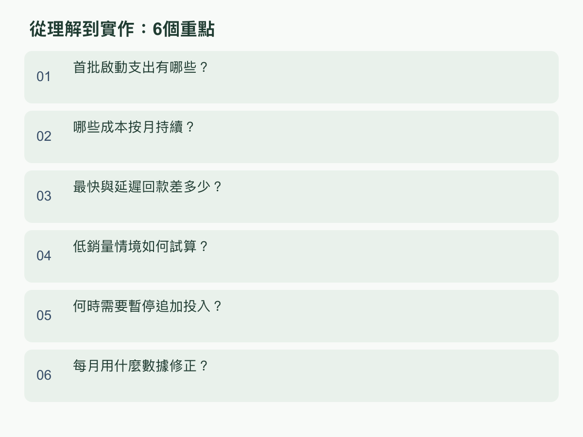 實作重點:首批啟動支出有哪些?;哪些成本按月持續?;最快與延遲回款差多少?;低銷量情境如何試算?;何時需要暫停追加投入?;每月用什麼數據修正?
