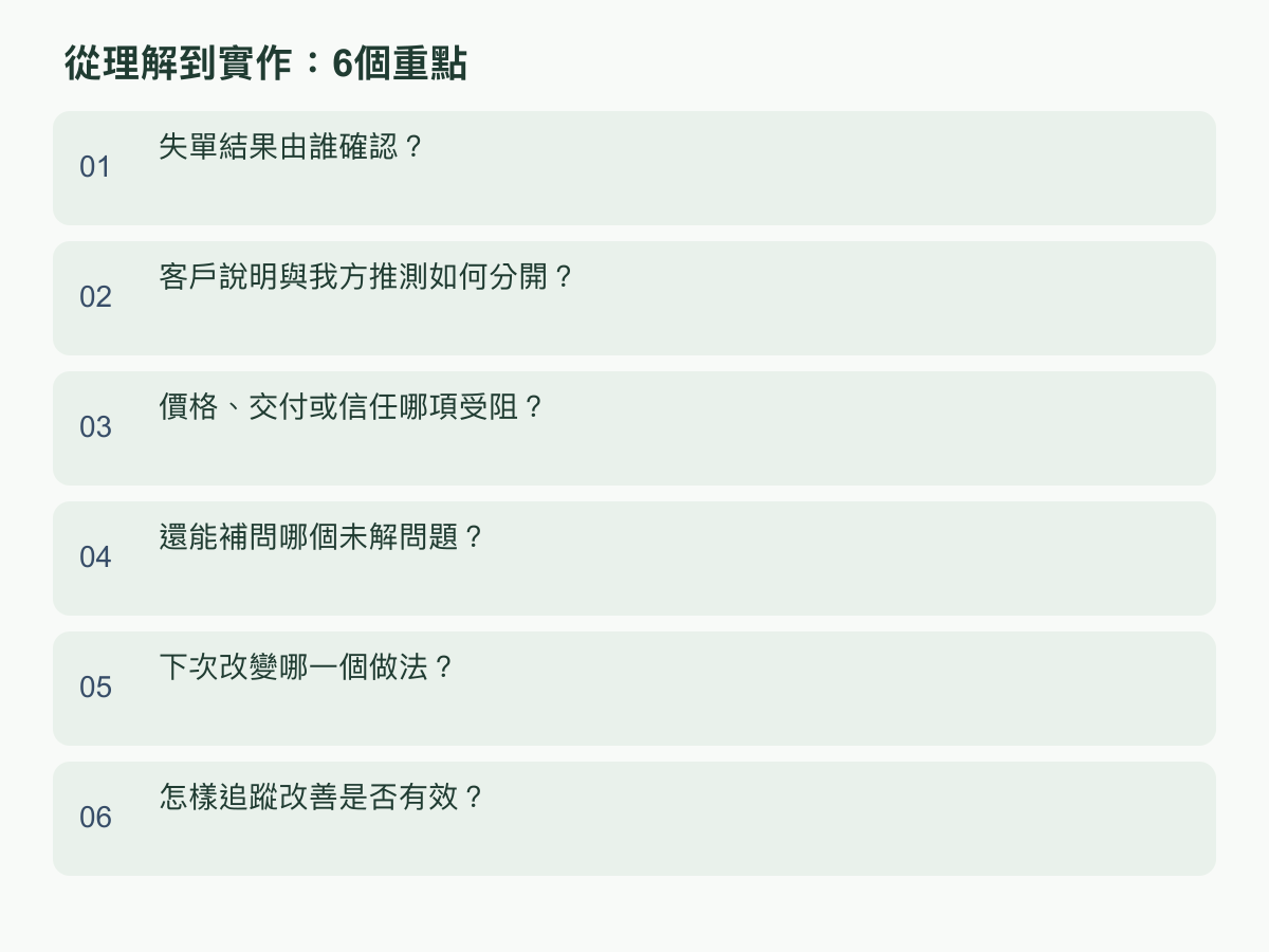 實作重點：失單結果由誰確認？；客戶說明與我方推測如何分開？；價格、交付或信任哪項受阻？；還能補問哪個未解問題？；下次改變哪一個做法？；怎樣追蹤改善是否有效？